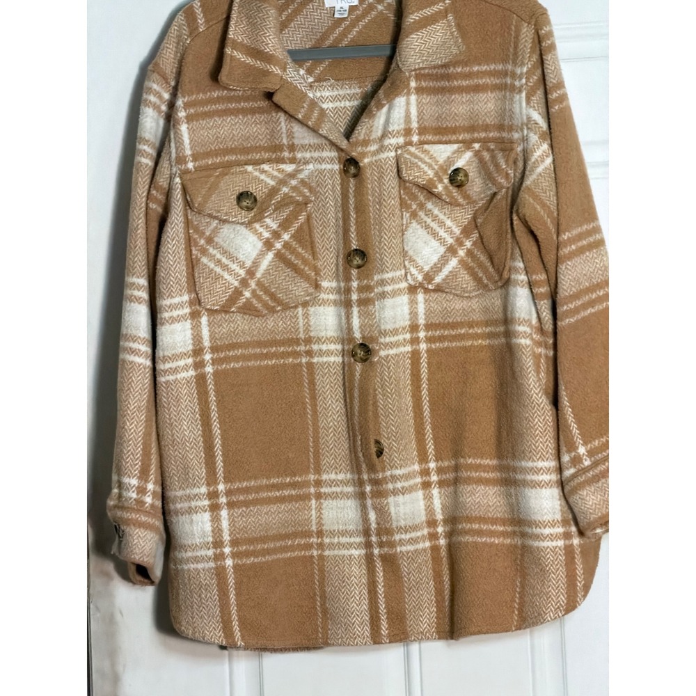 Time and Tru Camel Plaid Shacket Button Front Shirt Jacket XL 16-18 Brown Cream